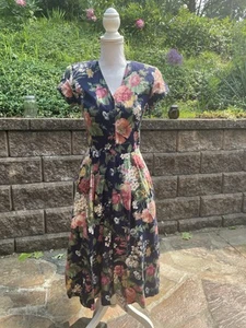 Vintage ED Michaels Blue Floral Tea Dress Sz 7-8 Long Midi A-line Cottagecore - Picture 1 of 11
