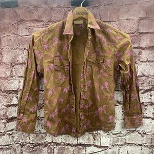 Girls XL Size 12 Wrangler Pearl Snap Western Shirt Brown with Pink Horses - Picture 1 of 15