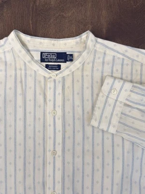 Camisa polo masculina vintage Ralph Lauren Bernard tamanho XL listrada marfim colarinho com faixas - Imagem 1 de 4