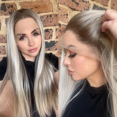 Frontal T Lace Wigs Bleach Blonde Synthetic Hair Heat Resistant Long Straight - Image 1 of 4