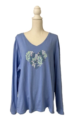 Camiseta Life Is Good para mujer azul cuello en V manga larga floral corazón 3XL Foto 1 de 4