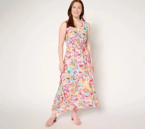 Susan Graver Regular Printed St. Tropez Maxi Dress Pink/Multi L New - Picture 1 of 2