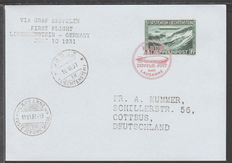 ✔️ LIECHTENSTEIN Graf Zeppelin Zeppelinpost 1931。 1Fr 封面复制品 — 第 1/1 张图片