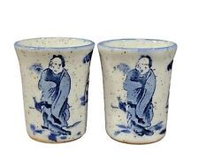 Japanese Ceramic Teacups Yunomi Gray Chinese Style Blue Design Sencha Set of 2