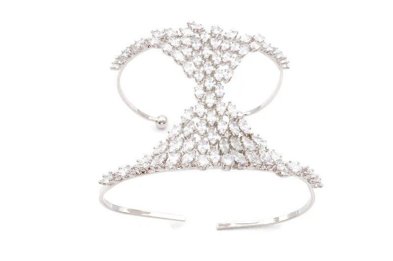 Crystal Cuff Bracelet 7.5" Silver Tone Hand Wrist Adjustable - Image 1 of 4