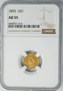 1855 $ Gold Indian Dollar AU55 NGC 949767-7 - Picture 1 of 4