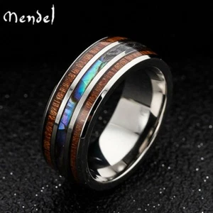 MENDEL Mens Tungsten Carbide Wooden Abalone Shell Seashell Band Ring Size 6 -13 - Picture 1 of 7