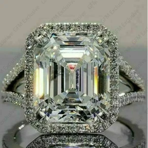 6.50 TCW Emerald Cut  Moissanite Halo Engagement Ring In 14K White Gold Plated - Picture 1 of 10