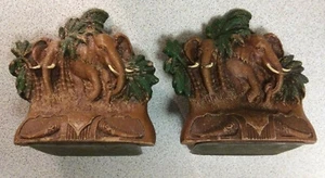 Vintage Bookends Elephants Walking Through Palm Trees 5" Tall - Picture 1 of 6