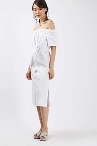 Topshop Midi Dress SIZE TALL UK12 EUR40 US8 White Poplin Bow Bardot - Picture 1 of 4