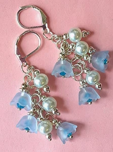 BLUE BELLS & GLASS PEARLS dangle earring SP Leverback handcrafted - Picture 1 of 6