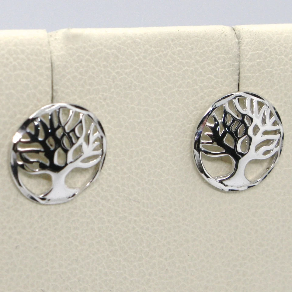 PENDIENTES BOTONES REDONDOS ORO BLANCO 18K CON HERMOSO ÁRBOL DE LA VIDA Foto 1 de 4
