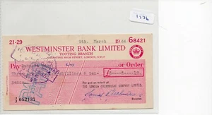 Cheque - (CH1776) - used -1960's - Westminster Bank, Tooting, London SW17 - Picture 1 of 1