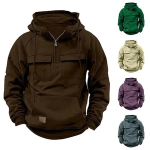 Mens Quarter Zip Hoodies Long Sleeve Tactical Casual Hooded Sweatshirts Pockets - Picture 1 of 41