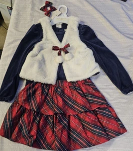 Max Studio Christmas Holiday Set Plaid Skirt Velvet Blouse Fuzzy Vest W/ Bow 5-6 - Picture 1 of 4