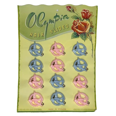 Full Card Of 12 1950's Vintage Plastic Swallow Barrettes Hair Slide Olympia NOS - Image 1 of 4