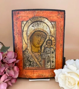 ANTIKE RUSSISCHE IKONE MIT DEM BETITEL, DIE MUTTER DES GOTTES VON KASAN ~ ANFANG 19. JAHRHUNDERT - Bild 1 von 13