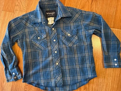 Wrangler Wrancher Blue Plaid Pearl Snap Long Sleeve Shirt Boys Size XS (3-4) - Image 1 of 4