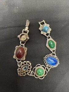 Sarah Coventry signiertes silberfarbenes buntes Stein-Gliederarmband Schmuck 7,5 Zoll - Bild 1 von 9