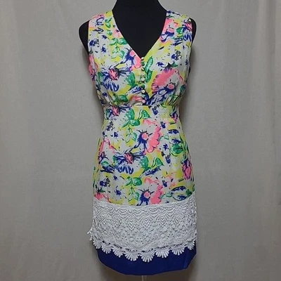 Vestido Esley Mujer S Sin Mangas Amarillo Azul Rosa Floral Cuello en V Botón Crochet Foto 1 de 4