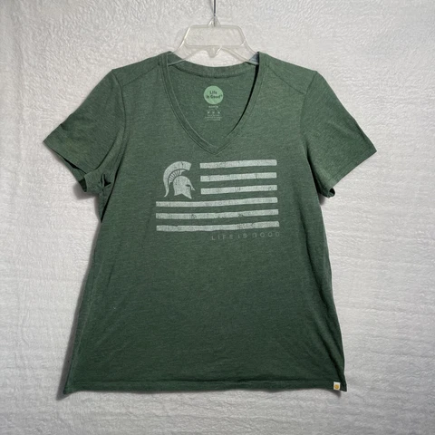 Life is Good Shirt Michigan State Green Womans Medium NCAA V Neck Short Sleeve Cover