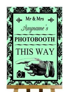 Mint Green Black Damask Photo Booth Pointing Left Personalised Wedding Sign - Picture 1 of 8