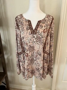 J Jill Top Damen groß rosa braun Boho Blumen Bauern Tunika Bluse feminin Neu mit Etikett - Bild 1 von 12