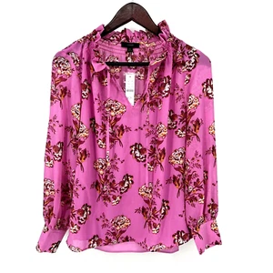 J.CREW $ 89 Rüschen-Top mit drapiertem Ausschnitt in Ringelblumensträußen XS Langarm rosa neu mit Etikett - Bild 1 von 8