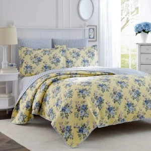 Cotton Quilt Set Twin Blue Flower Yellow Base Reversible Pillow Sham Bedding - Picture 1 of 7