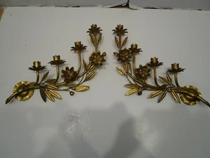 Vintage Set 2 Metal toleware gold gild Wall Sconces 4- arm Candle Italy 1940's - Picture 1 of 12