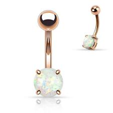 14G Rose gold plated stainless steel belly ring with imitation white opal