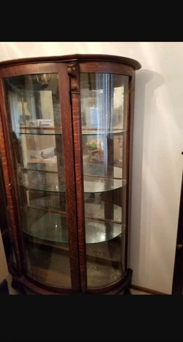 Antique Dark Oak Tiger Wood Lighted Lion Head Curved Glass Curio China Cabinet Cover