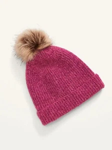 Old Navy Kid Girls Rib-Knit Faux-Fur Pom-Pom Beanie Pink or Gray Size S/M L /XL - Picture 1 of 6