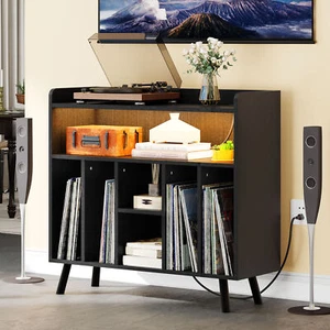 LED Vinyl Record Player Stand Turntable Stand with Power Outlets and Solid Legs - Picture 1 of 18