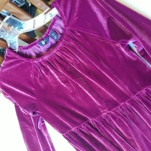 Lands End Dress Girls XL 14-16 Pink Fuchsia Velvet Long Sleeve Midi Tiered Flare - Picture 1 of 6