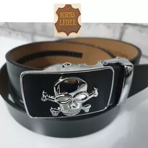 Herren Damen Gürtel Totenkopf Schwarz Automatik Schnalle echt Leder Jeansgürtel - Bild 1 von 13