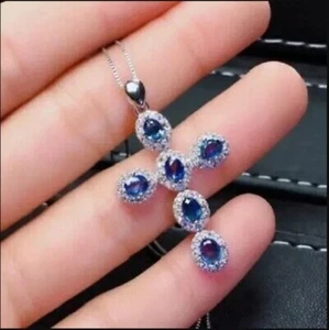 3Ct Oval Lab Created Blue Tanzanite Cross Pendant 14K White Gold Fn With Chain - Picture 1 of 3