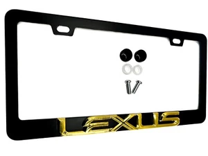 SATIN BLACK LEXUS License Plate Frame Stainless Steel with GOLD Emblem - Picture 1 of 2