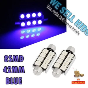 2 X  BLUE Festoon 42mm 8 SMD LED BULB  INTERIOR CEILING ROOF DOME BOOT GLOVE - Picture 1 of 1