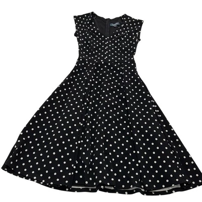 ModCloth Dress Womens Small Black White Polka Dot Cap Sleeve Fit Flare Midi - Image 1 of 4