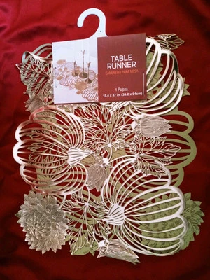 AMSCAN 1 pc Gold Autumnal Decorative Vinyl Table Runner 15.4" x 37" Pumpkin  - Image 1 of 3