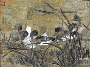 Vintage Chinese Painting of Six Ducks in a Pond - Signed - Framed 31" x 25-1/4" - Picture 1 of 11