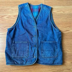 Vintage Bugle Boy Denim Vest Men’s L Front Plaid Quilt Reversible Chore Pockets - Picture 1 of 10