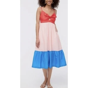 J Crew 6 Midikleid Baumwolle Farbe schwarz Empire Taille Babydoll rot rosa Schleife Taschen - Bild 1 von 11