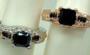 Rings. Set of 2. Black Crystals set in Rose Gold and 2-tone Silver. Size 6 - Picture 1 of 7