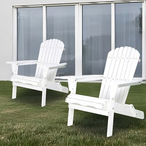 Set of 2 Folding Adirondack Chair, Solid Wood Outdoor Fire Pit Patio Seat White - Picture 1 of 7