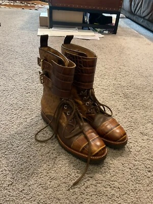 Max Mara Vintage Croc Ostrich Brown Leather Lace Up Combat Boots Shoes sz 9, NEW - Image 1 of 4