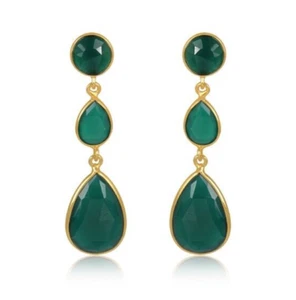 Green Onyx Gemstone Dangle Earring 18k Gold Plated Handmade Women's Earrings - Picture 1 of 6