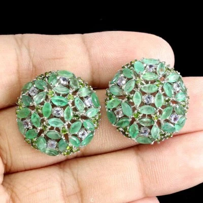 925 Sterling Silver Earrings Emerald Chrome Diopside Tanzanite Gemstone Jewelry - Image 1 of 4