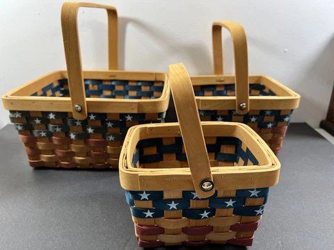 Set of 3 Nesting Patriotic Americana Stars Stripes Handled Baskets Cover